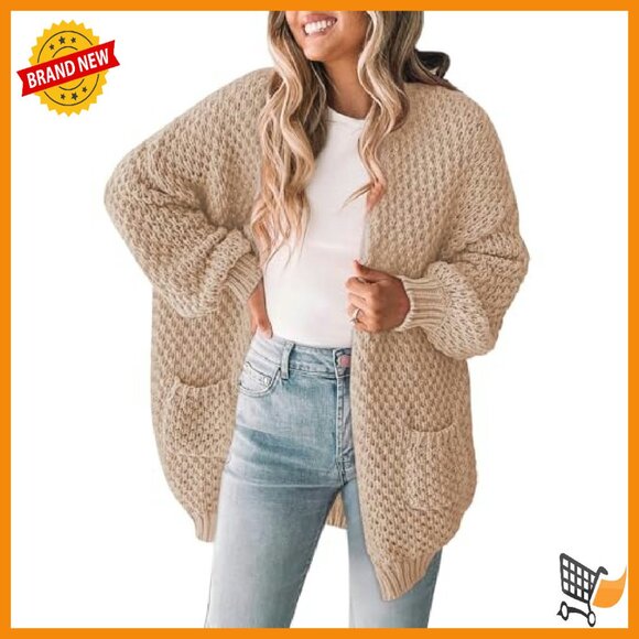 Oversized Chunky Knit Cardigan with Lantern Sleeves and Pockets - Picture 2 of 8